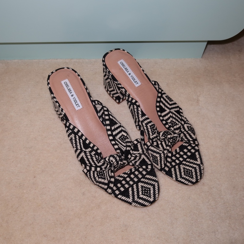 Chelsea & Violet Gia Knot Black and White Tribal Print Mules